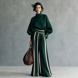 Stylish women's casual matching set featuring a dark green top and striped wide-leg pants for daily.