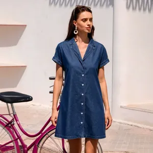 Donna manica corta rever slim denim stile abito camicia casual estate moda outdoor abbigliamento
