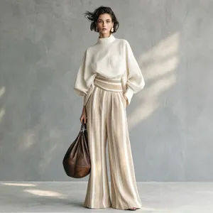 Chic women's casual resort loose outfit set, elegant white blouse and striped wide-leg pants.