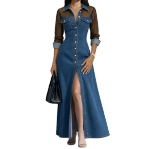 Denim mesh patchwork long sleeve maxi dress with lapel single-breasted and high slit design