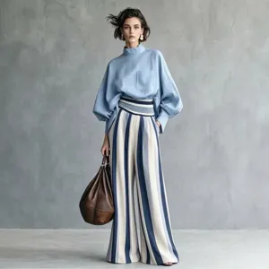Chic European style casual loose women's pants set, stylish striped design for vacation.