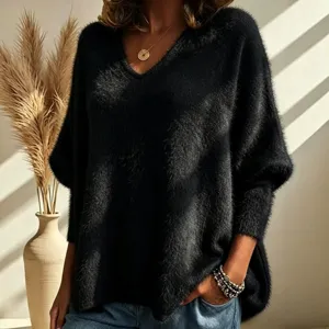 Black v-neck fuzzy knit sweater for women, long sleeve oversized pullover top casual daily wear.