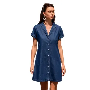 Abito Camicia in Denim da Donna a Maniche Corte con Risvolto Slim Casual Estate
