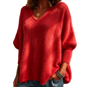 Women V-neck solid color fuzzy knit long sleeve pullover casual sweater top for autumn daily wear