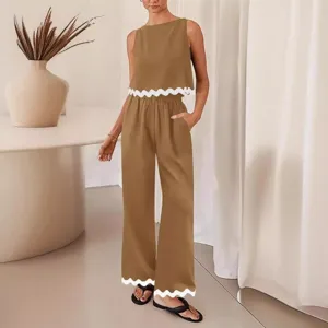 Women casual solid two piece set sleeveless crop top loose long pants with scalloped trim