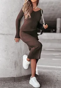 Brown ribbed long-sleeve V-neck bodycon midi dress premium knit texture close-up detail.
