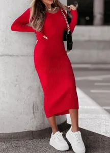 Red ribbed long sleeve detail of sexy bodycon dress showing soft knit texture and slim fit.