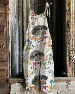 Women cotton linen printed overall casual jumpsuit cute hedgehog mushroom pattern detail view