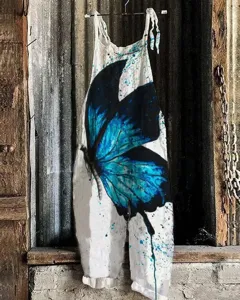 Detail view of women's cotton linen casual jumpsuit featuring a striking blue butterfly print.