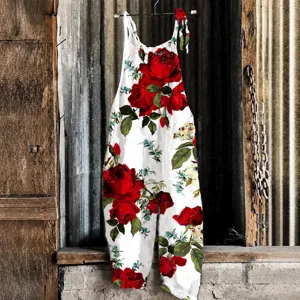 Women casual floral print cotton linen jumpsuit summer beach sleeveless rompers.