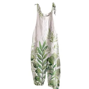 Women cotton linen jumpsuit casual loose sleeveless leaf print beach romper summer overall