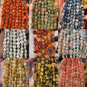 Natural Stone Faceted Coin Beads DIY Jewelry Making Accessories Round Disk Semi Finished Loose Stone Strands For Crafting