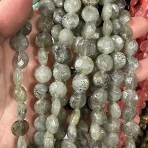 Macro view of grey-green natural stone flat disc cut beads for DIY jewelry accessories