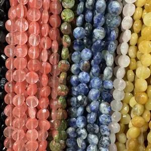 Assorted natural stone faceted coin beads for DIY jewelry making and craft projects.
