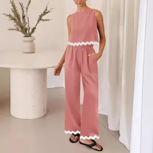 Women pink sleeveless top loose pants two piece set with stylish white scalloped trim casual outfit