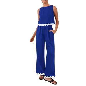 Solid casual two piece set sleeveless crop top and loose wide leg pants for women summer