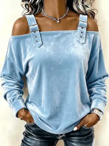 Top in velluto maniche lunghe spalle scoperte con fibbie decorative moda autunnale