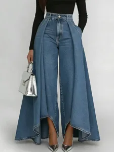 Modische Hose mit hohem Bund, Kunstjeansoptik und langem Drapierungseffekt für Damen.