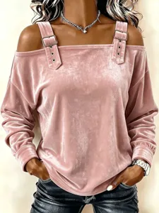 Top a maniche lunghe in velluto rosa spalle scoperte con eleganti dettagli di cinturino e fibbia