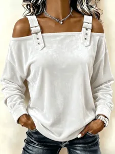 Top Donna Spalla Scoperta Velluto Bianco Manica Lunga con Cinturini Fibbia Casual