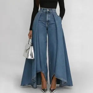 Damen Casual Denim Look Gerade Hose Hohe Taille Loose Weite Beinhose Mit Langem Schlitzsaum Streetwear