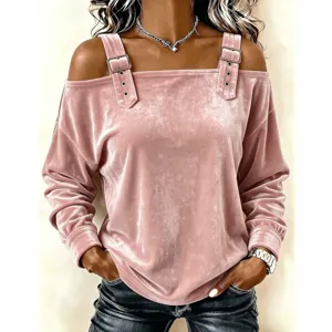 Top maniche lunghe in velluto rosa con spalline con fibbia decorativa per donne.