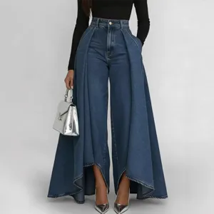 Hohe Taille weite Beine Jeans Hose mit dramatischer drapierter langer Schürze Stil
