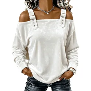 Donna top maniche lunghe spalla scoperta con cinturino fibbia decorativo elegante autunno