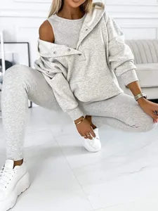 Detailed view of women's 3-piece tracksuit in light grey, featuring hoodie and leggings.