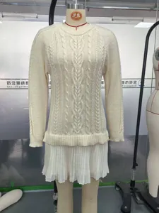 Women cable knit sweater spliced pleated skirt casual autumn winter chic outfit stylish