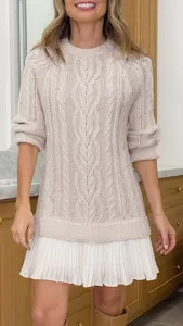 Women's Cable Knit Sweater Spliced Pleated Skirt Casual Autumn Winter Fashion