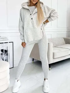 Women's Casual Fleece Lined Hooded Sweatshirt Vest And Pants Set Ribbed Thickened Tracksuit Activewear