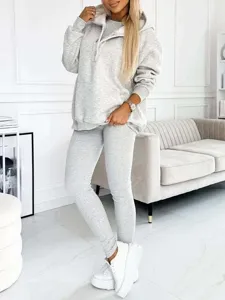 Detail view of a cozy gray women casual hooded 3-piece tracksuit set with ribbed texture.