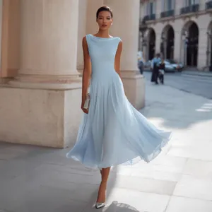 Light blue cowl neck midi dress elegant sleeveless summer party dress for women vacation