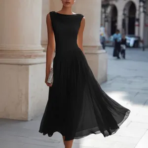 Elegant women's black cowl neck sleeveless midi dress for party and vacation wear.