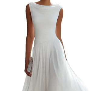 Elegant white sleeveless cowl neck pleated long dress for women party and vacation wear