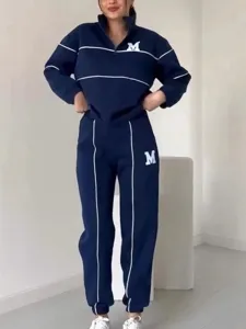 Women Navy Blue Zip Sweatshirt Tracksuit Two Piece Set with White Piping and Letter M