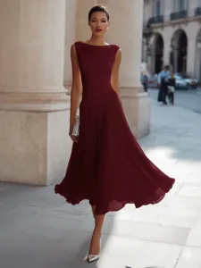 Elegant burgundy midi dress with cowl neck and pleated skirt for women party wear.