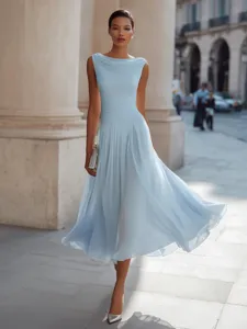 Light blue cowl neck sleeveless pleated midi dress, elegant party vacation dress for women.