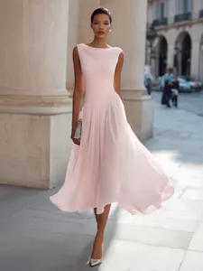 Elegant light pink sleeveless cowl neck midi dress for party and vacation, stylish pleated style.