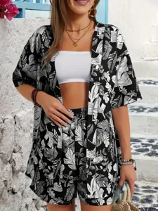 Set completo cardigan pantaloncini manica corta stampa foglie tropicali nero bianco.