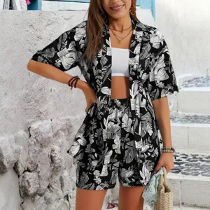 Completo Casual con Stampa a Risvolto Manica Corta Cardigan Camicia e Pantaloncini Casual in Poliestere per Donna Abbigliamento Moda Estiva