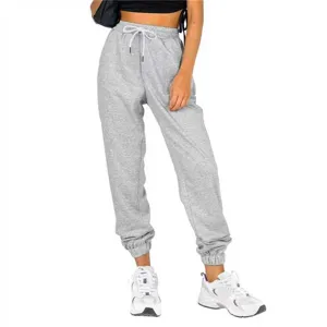 Grey high waisted sweatpants for women, comfortable casual jogger trousers with drawstring.