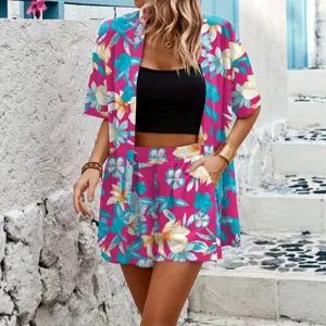 Set due pezzi donna estivo con cardigan stampato manica corta e pantaloncini casual