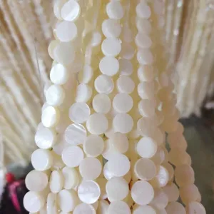 Macro view of white round freshwater shell beads with natural pearlescent luster