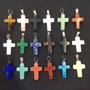 Wholesale natural stone crystal cross pendants in various colors for DIY necklaces