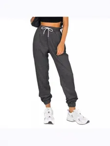 Women's high waist casual sweatpants with pockets and drawstring in dark gray color main view.