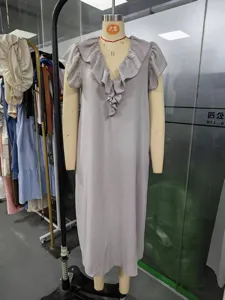 Casual V-neck ruffle long dress detail view, showing the elegant design and loose fit.