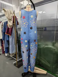 Women retro floral print denim bib pants casual wide leg loose overalls streetwear chic.