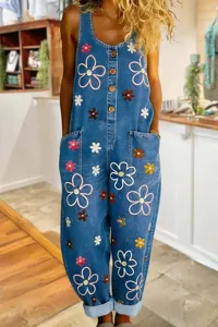 Detailed view of women's vintage embroidered wide leg denim overalls streetwear pants.